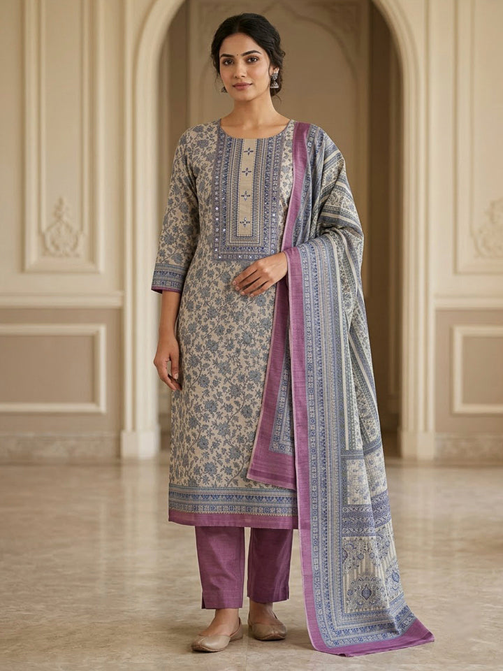 Beige Tussar Printed Unstitched Dress Material