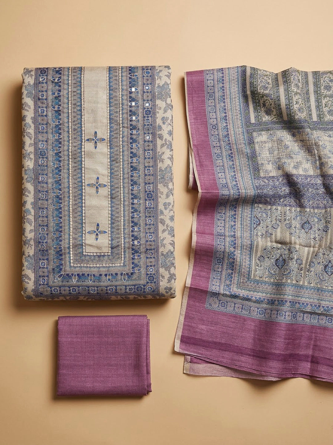 Beige Tussar Printed Unstitched Dress Material