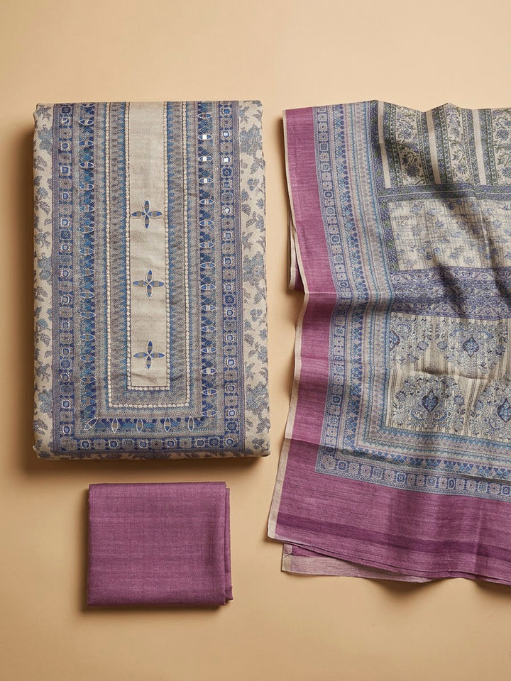 Beige Tussar Printed Unstitched Dress Material