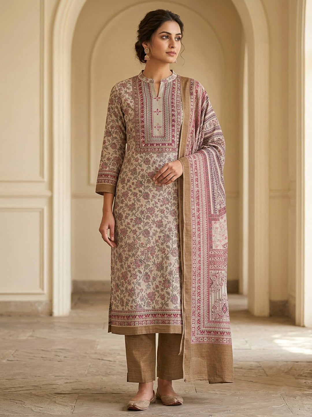 Beige Tussar Printed Unstitched Dress Material