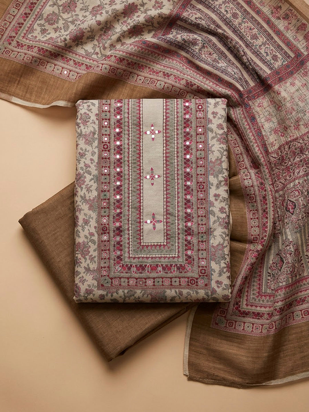 Beige Tussar Printed Unstitched Dress Material