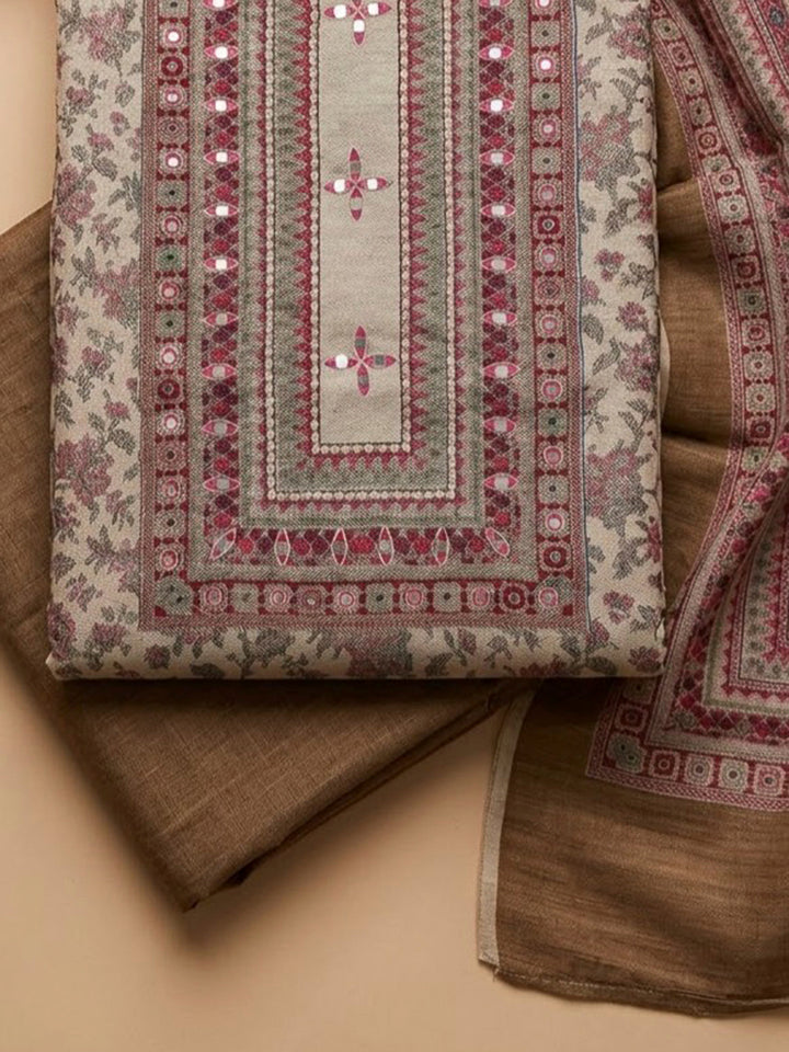 Beige Tussar Printed Unstitched Dress Material