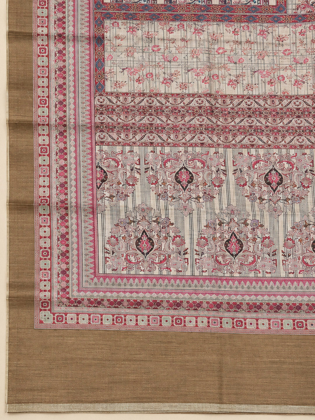 Beige Tussar Printed Unstitched Dress Material