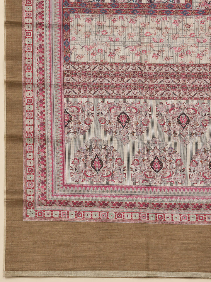 Beige Tussar Printed Unstitched Dress Material