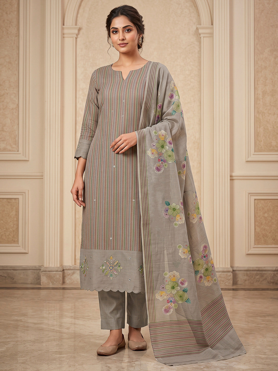 Beige Tussar Printed Unstitched Dress Material