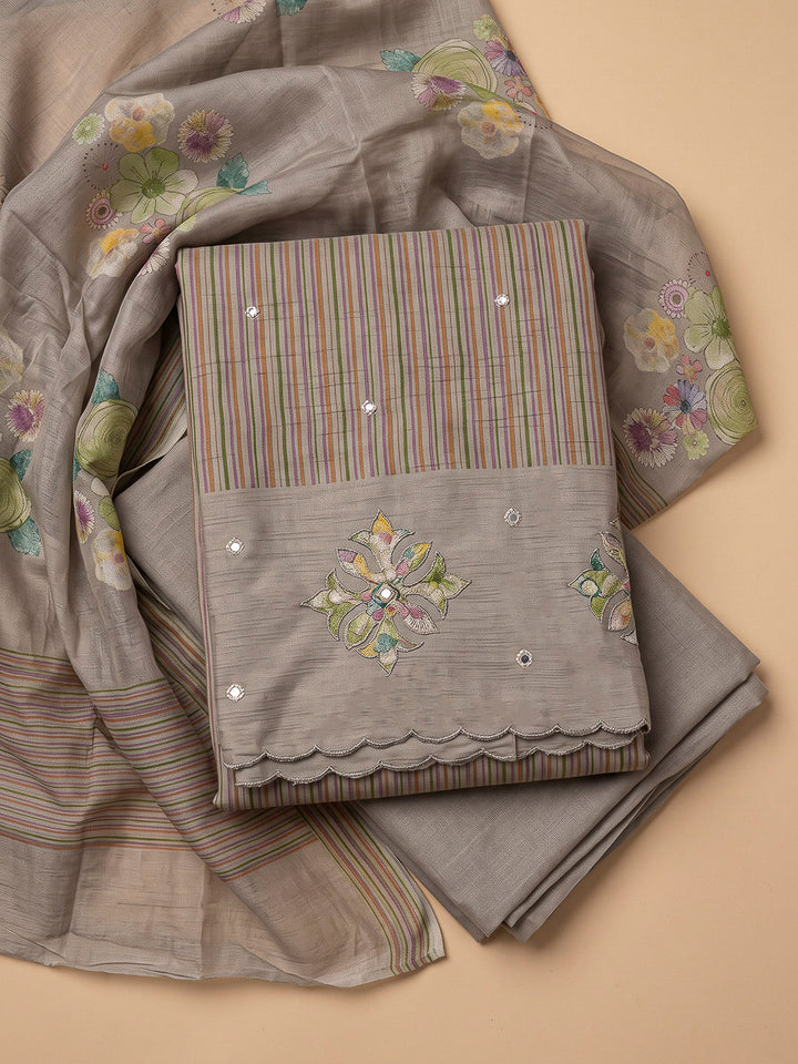 Beige Tussar Printed Unstitched Dress Material