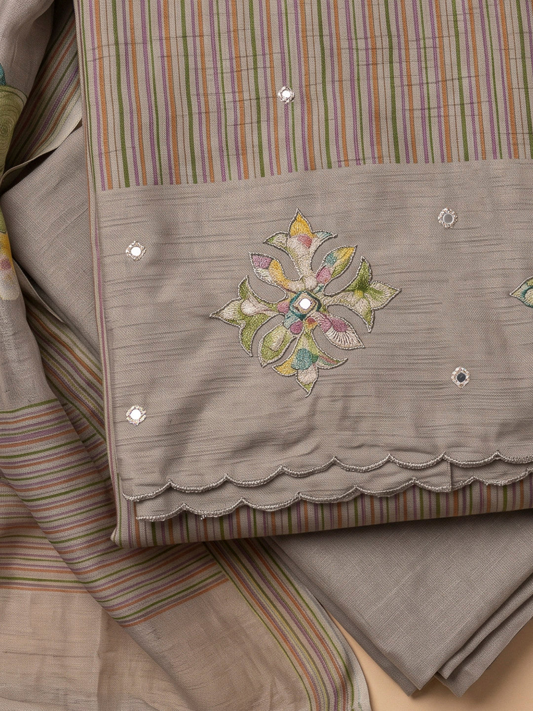 Beige Tussar Printed Unstitched Dress Material