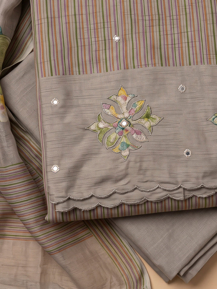 Beige Tussar Printed Unstitched Dress Material