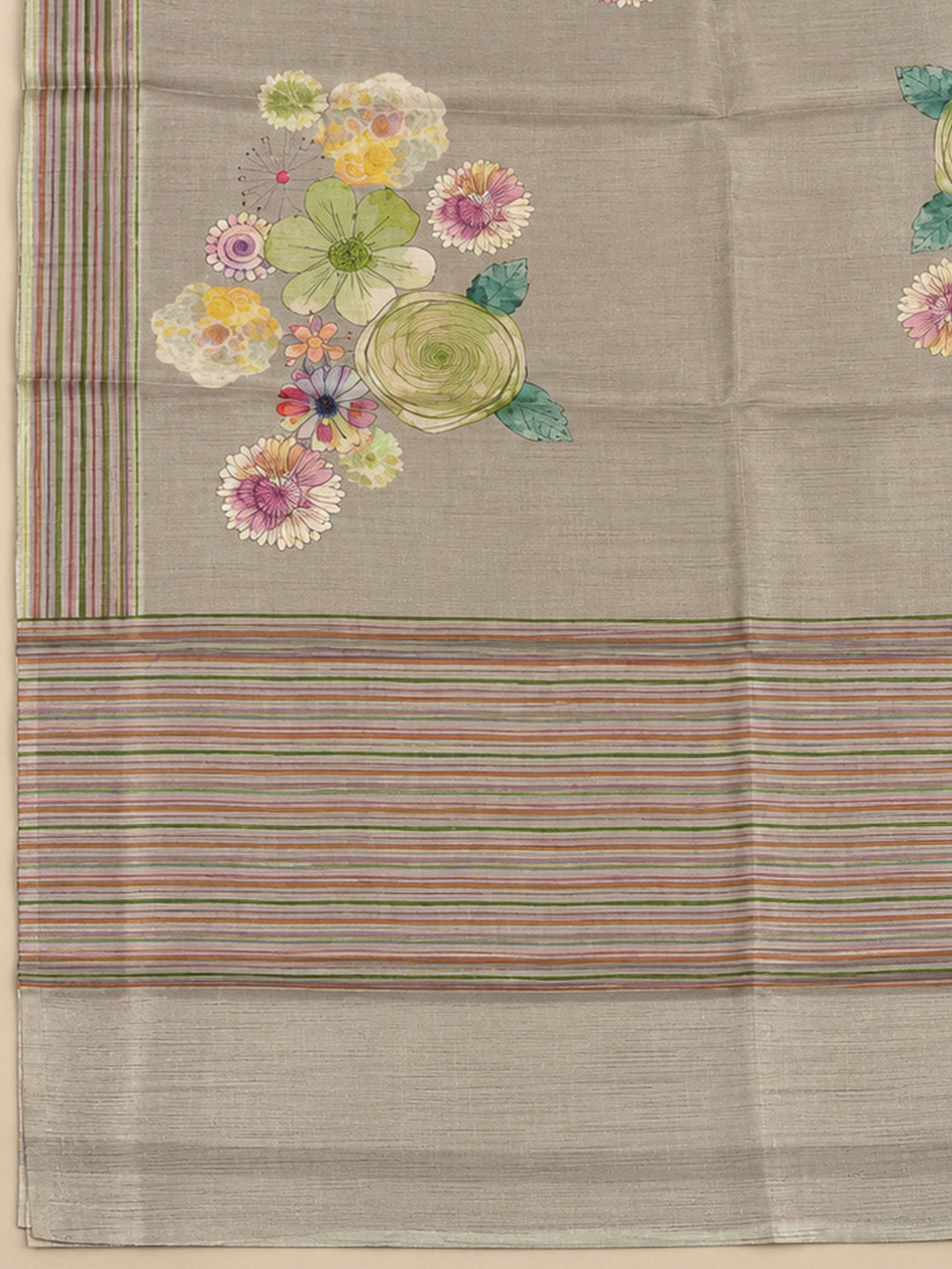 Beige Tussar Printed Unstitched Dress Material