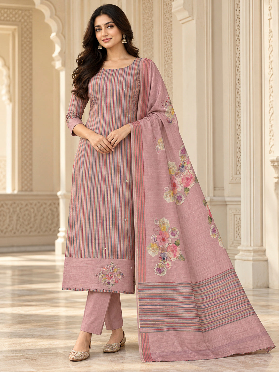Peach Tussar Printed Unstitched Dress Material