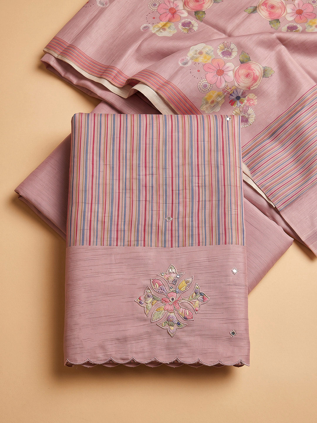 Peach Tussar Printed Unstitched Dress Material