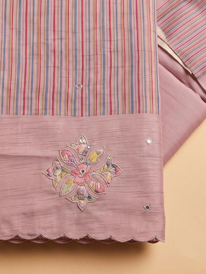 Peach Tussar Printed Unstitched Dress Material