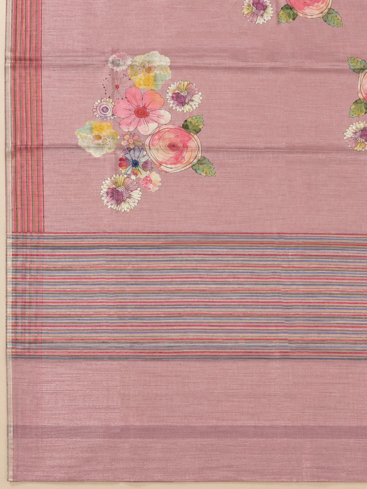 Peach Tussar Printed Unstitched Dress Material