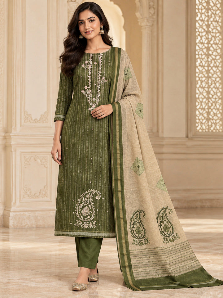Green Tussar Embroidered Unstitched Dress Material