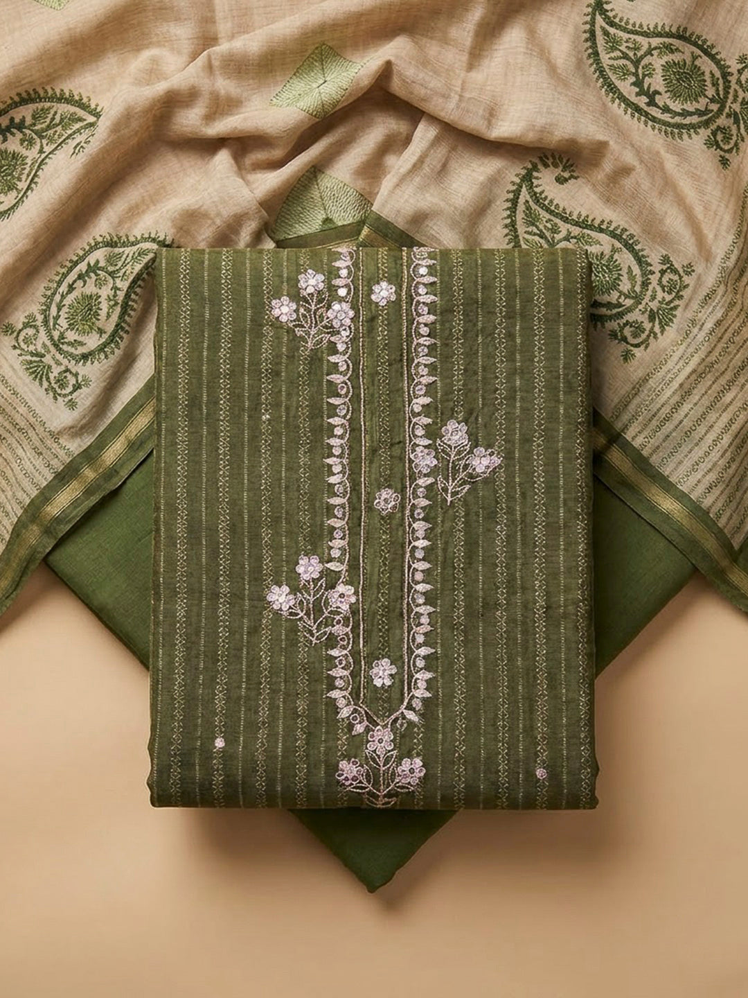 Green Tussar Embroidered Unstitched Dress Material