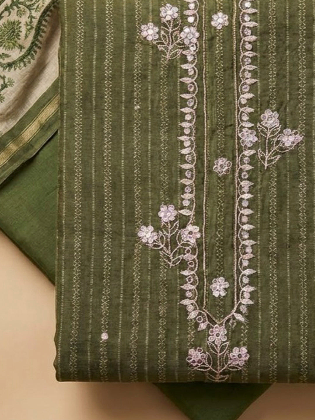 Green Tussar Embroidered Unstitched Dress Material