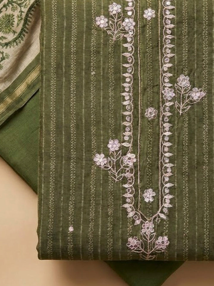 Green Tussar Embroidered Unstitched Dress Material