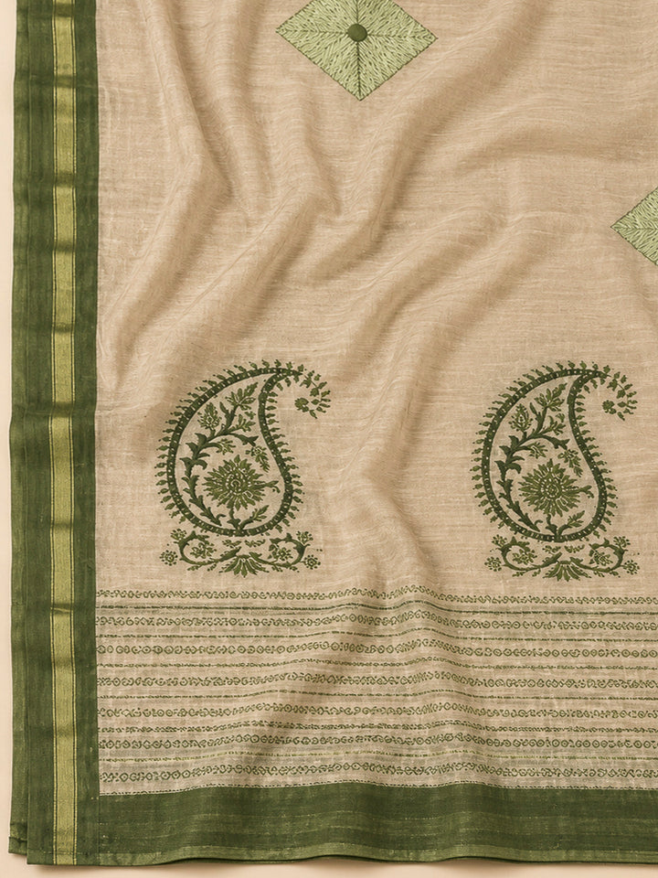 Green Tussar Embroidered Unstitched Dress Material