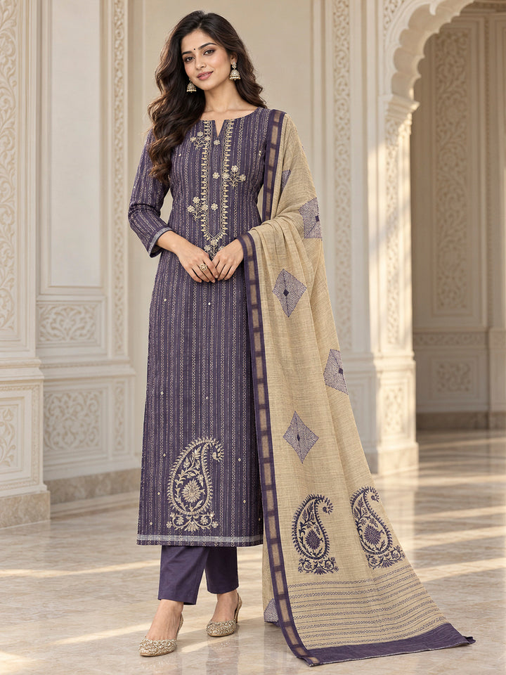 Purple Tussar Embroidered Unstitched Dress Material