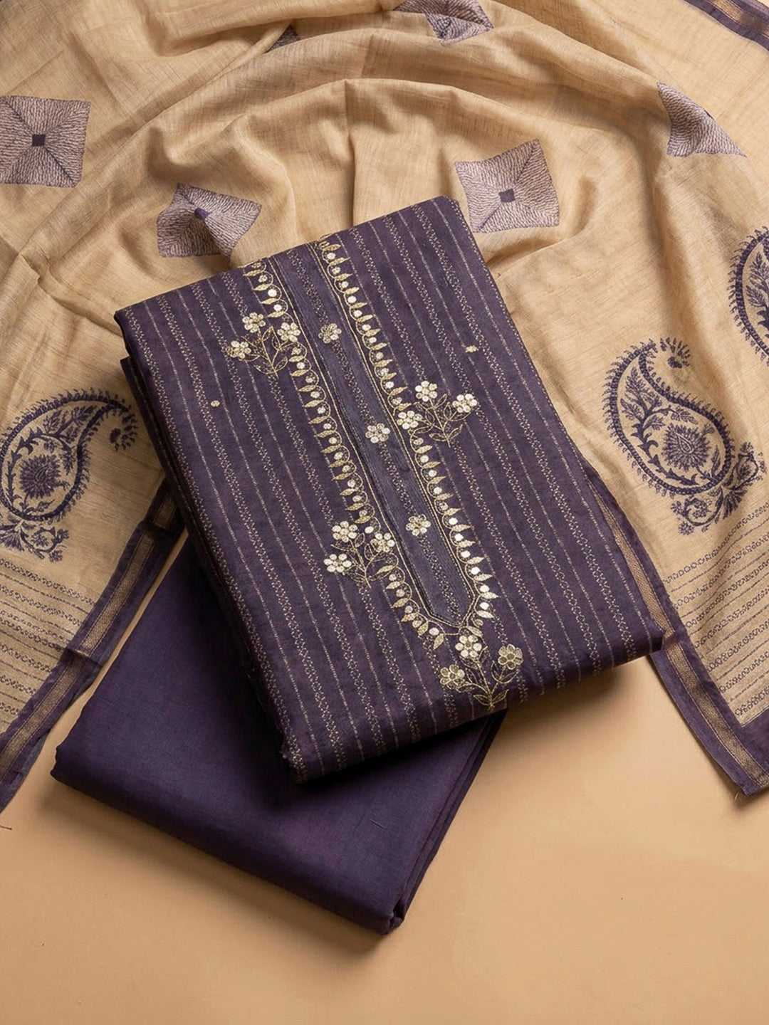 Purple Tussar Embroidered Unstitched Dress Material