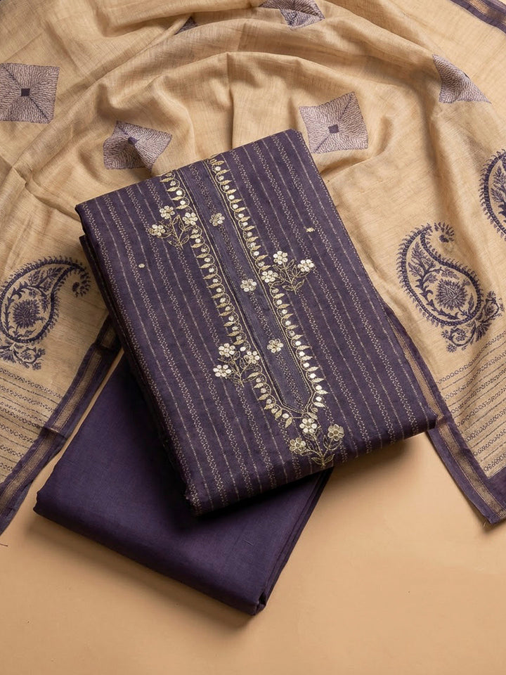 Purple Tussar Embroidered Unstitched Dress Material