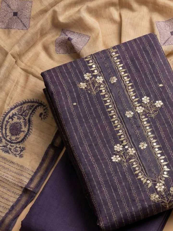 Purple Tussar Embroidered Unstitched Dress Material