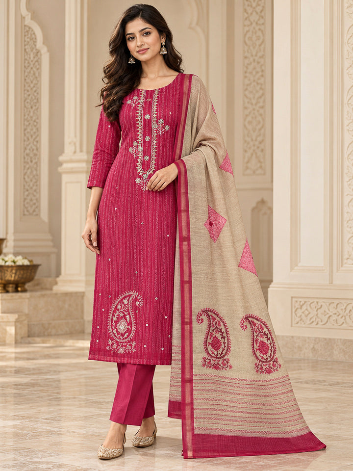 Red Tussar Embroidered Unstitched Dress Material