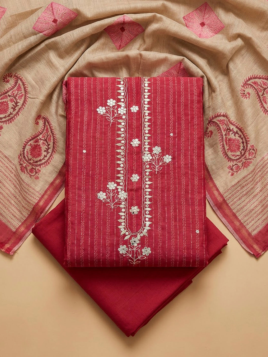 Red Tussar Embroidered Unstitched Dress Material