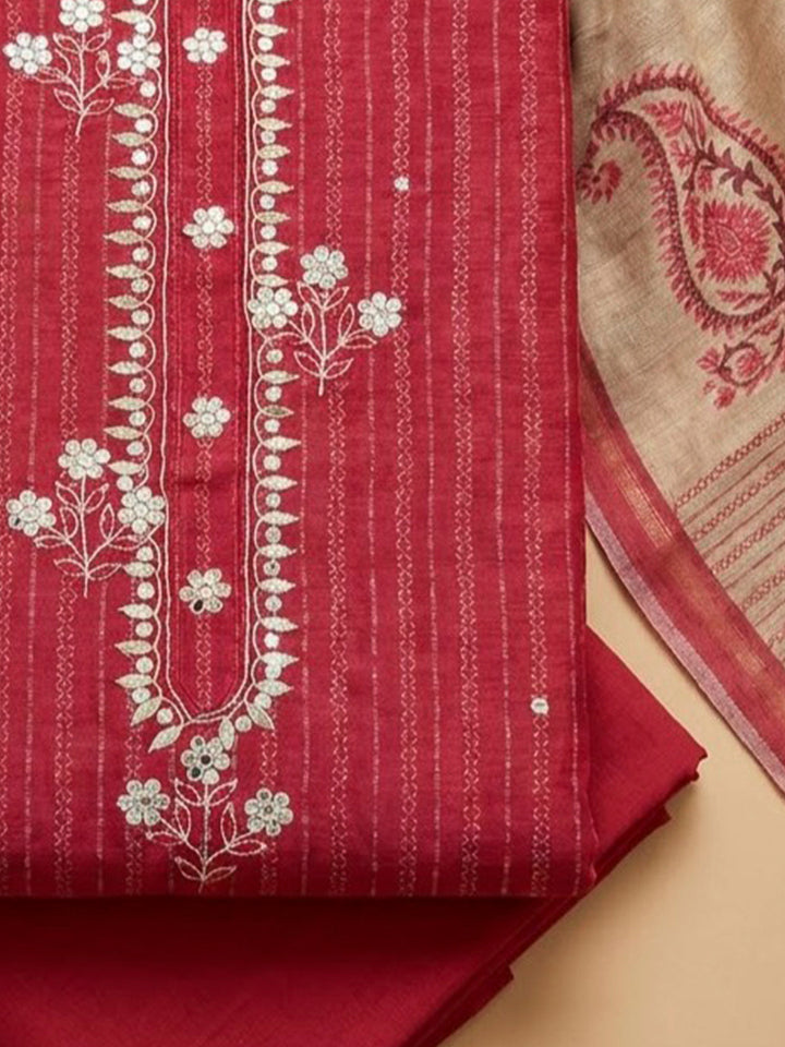 Red Tussar Embroidered Unstitched Dress Material