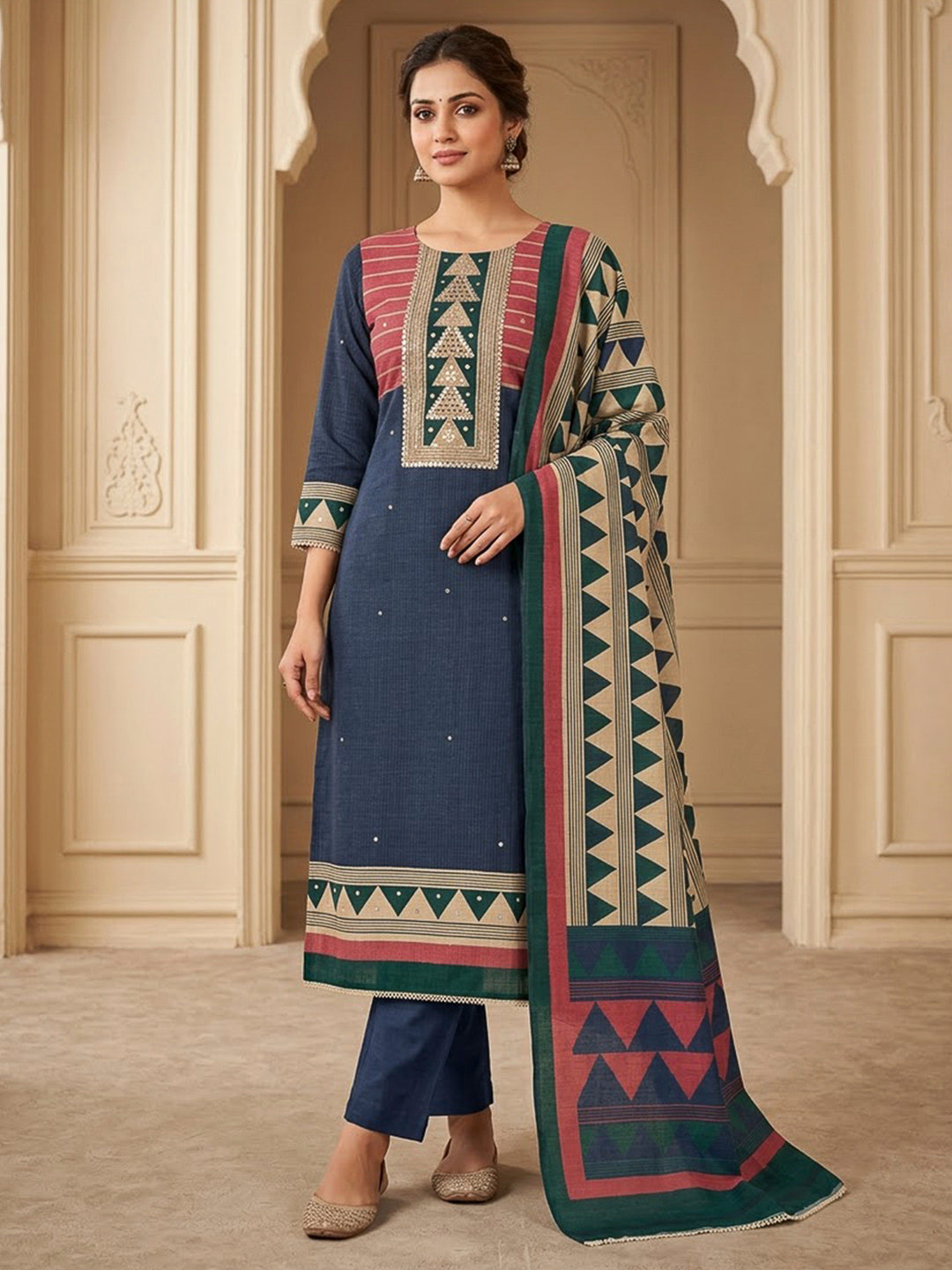 Blue Tussar Printed Unstitched Dress Material