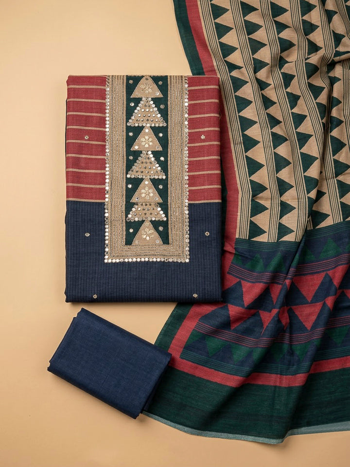 Blue Tussar Printed Unstitched Dress Material