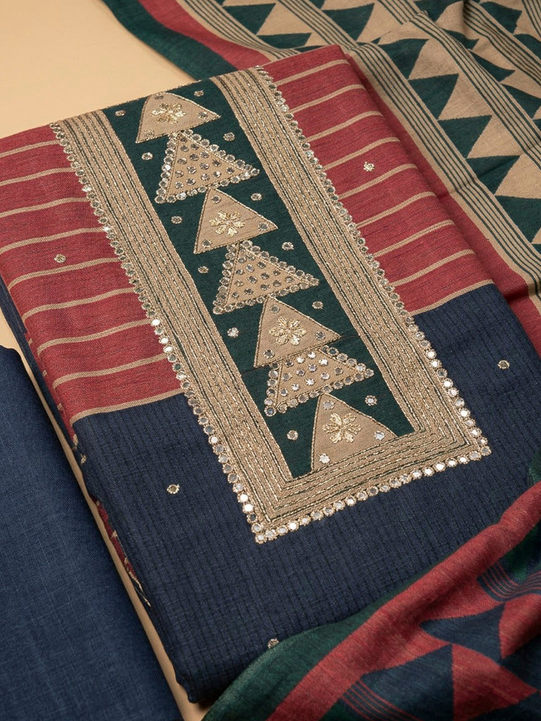 Blue Tussar Printed Unstitched Dress Material