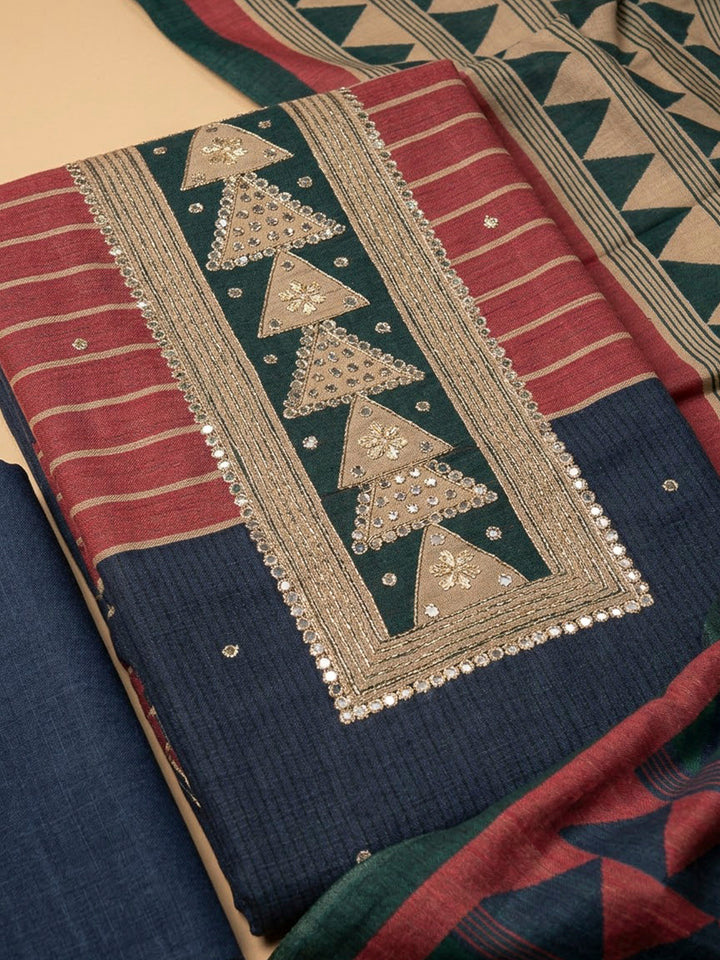 Blue Tussar Printed Unstitched Dress Material