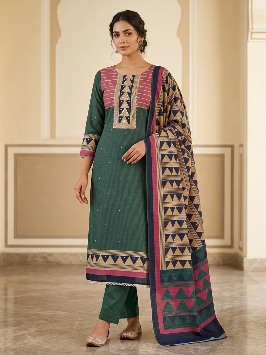 Green Tussar Printed Unstitched Dress Material
