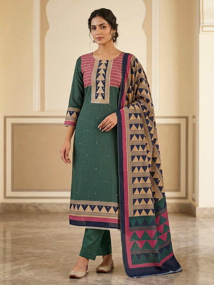 Green Tussar Printed Unstitched Dress Material