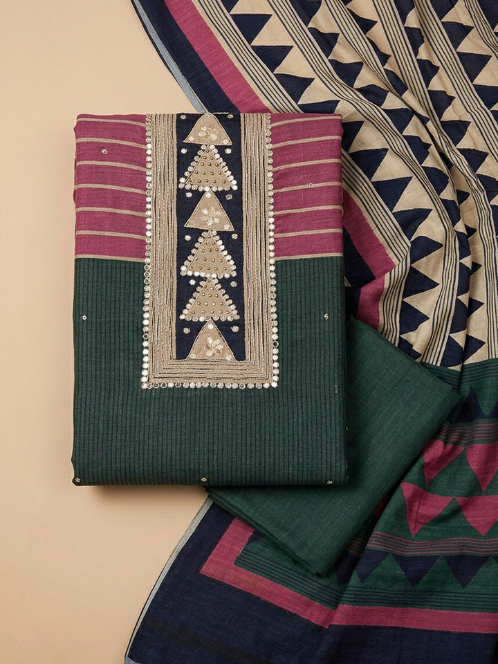 Green Tussar Printed Unstitched Dress Material