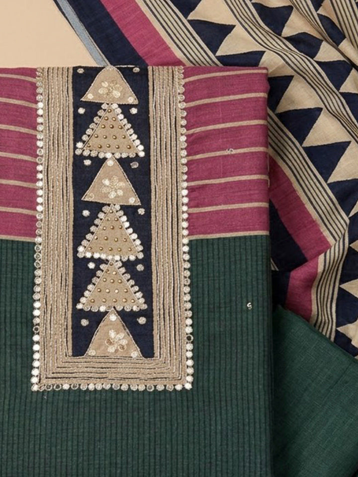 Green Tussar Printed Unstitched Dress Material