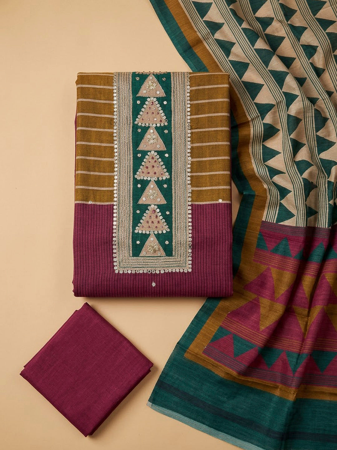 Onion Pink Tussar Printed Unstitched Dress Material