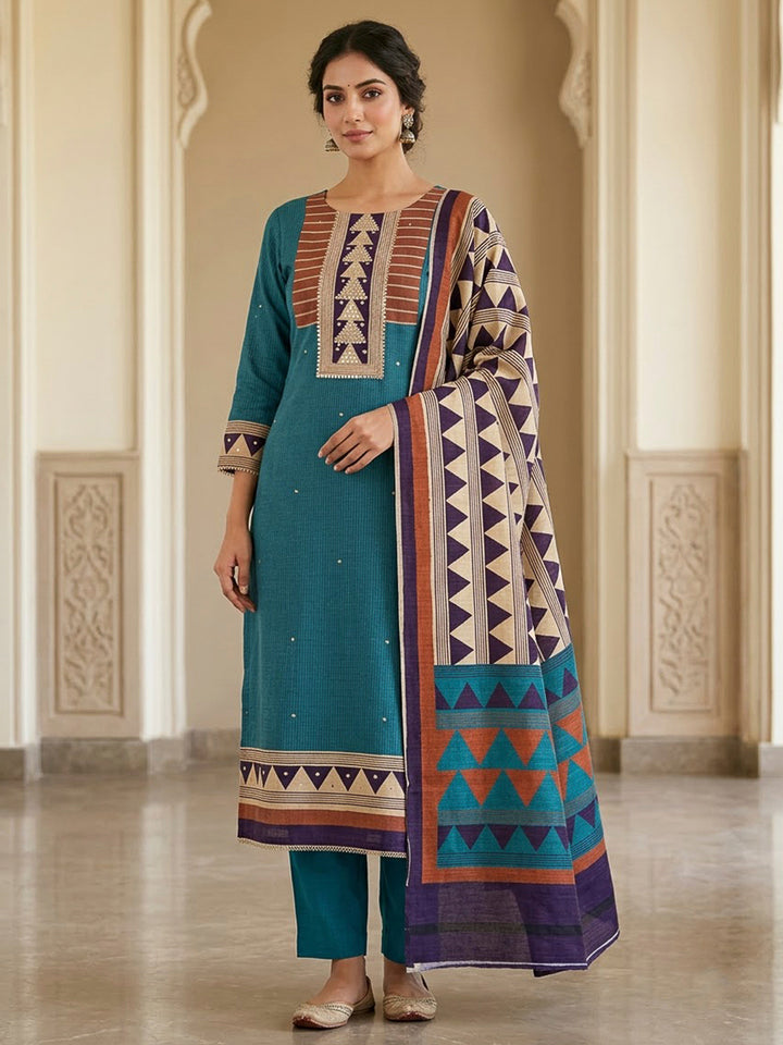 Rama Green Tussar Printed Unstitched Dress Material