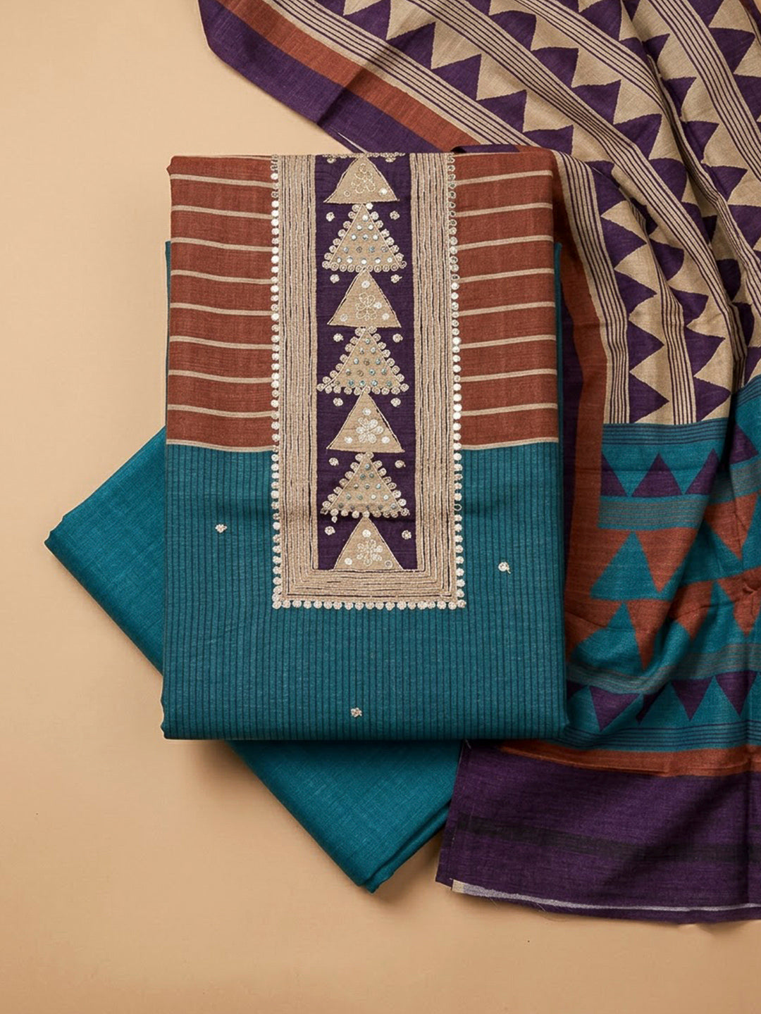 Rama Green Tussar Printed Unstitched Dress Material
