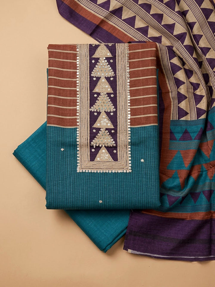 Rama Green Tussar Printed Unstitched Dress Material