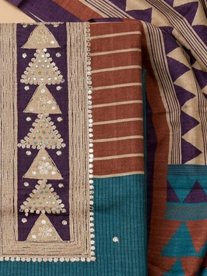 Rama Green Tussar Printed Unstitched Dress Material