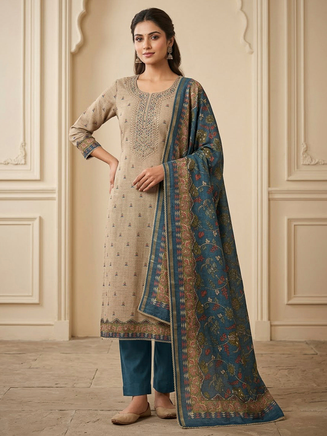 Grey Tussar Embroidered Unstitched Dress Material