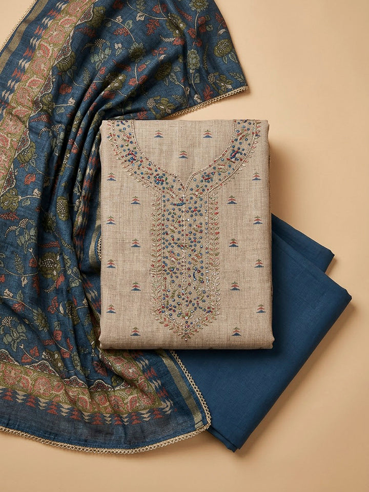 Grey Tussar Embroidered Unstitched Dress Material