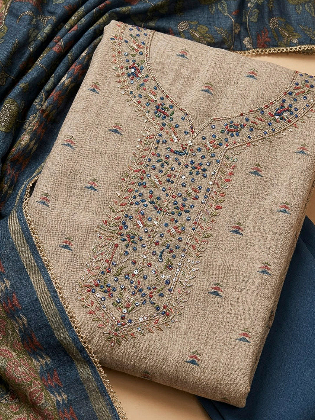 Grey Tussar Embroidered Unstitched Dress Material