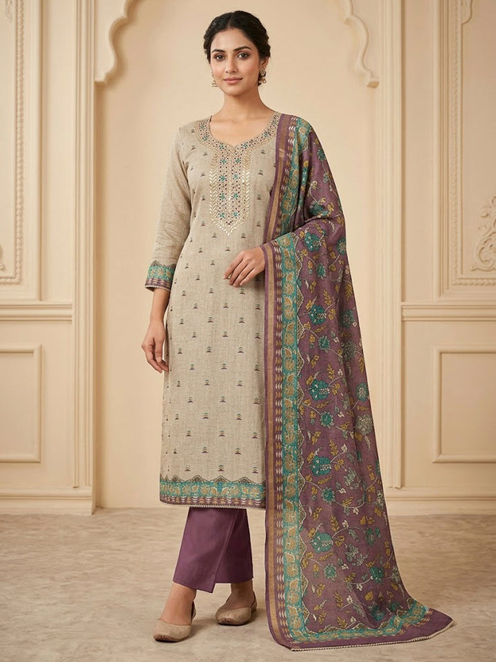 Purple Tussar Embroidered Unstitched Dress Material