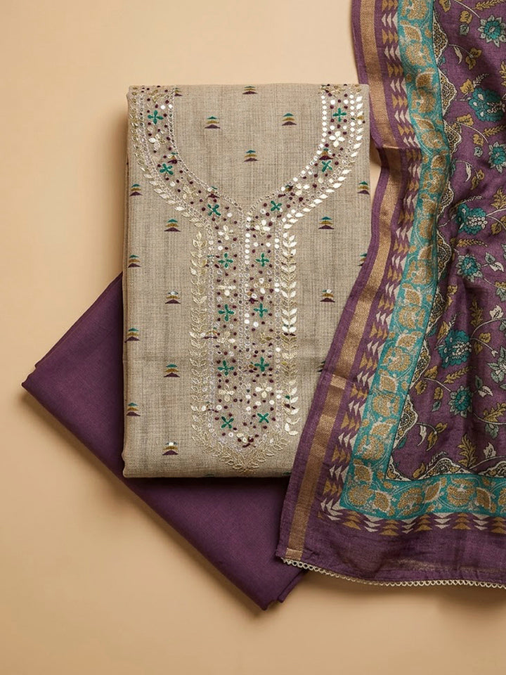Purple Tussar Embroidered Unstitched Dress Material