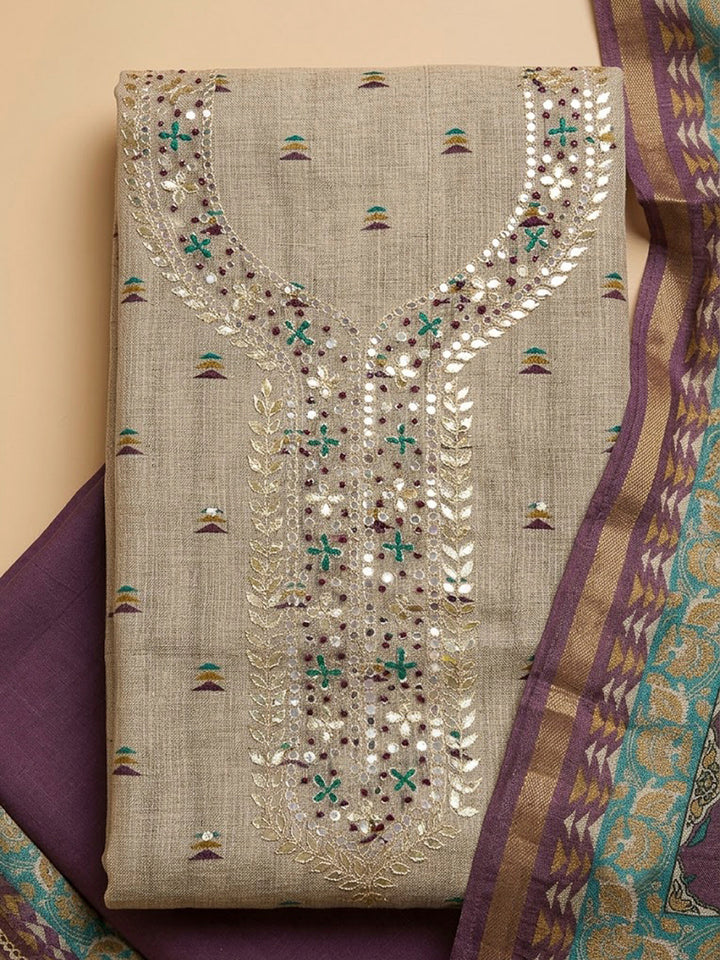 Purple Tussar Embroidered Unstitched Dress Material
