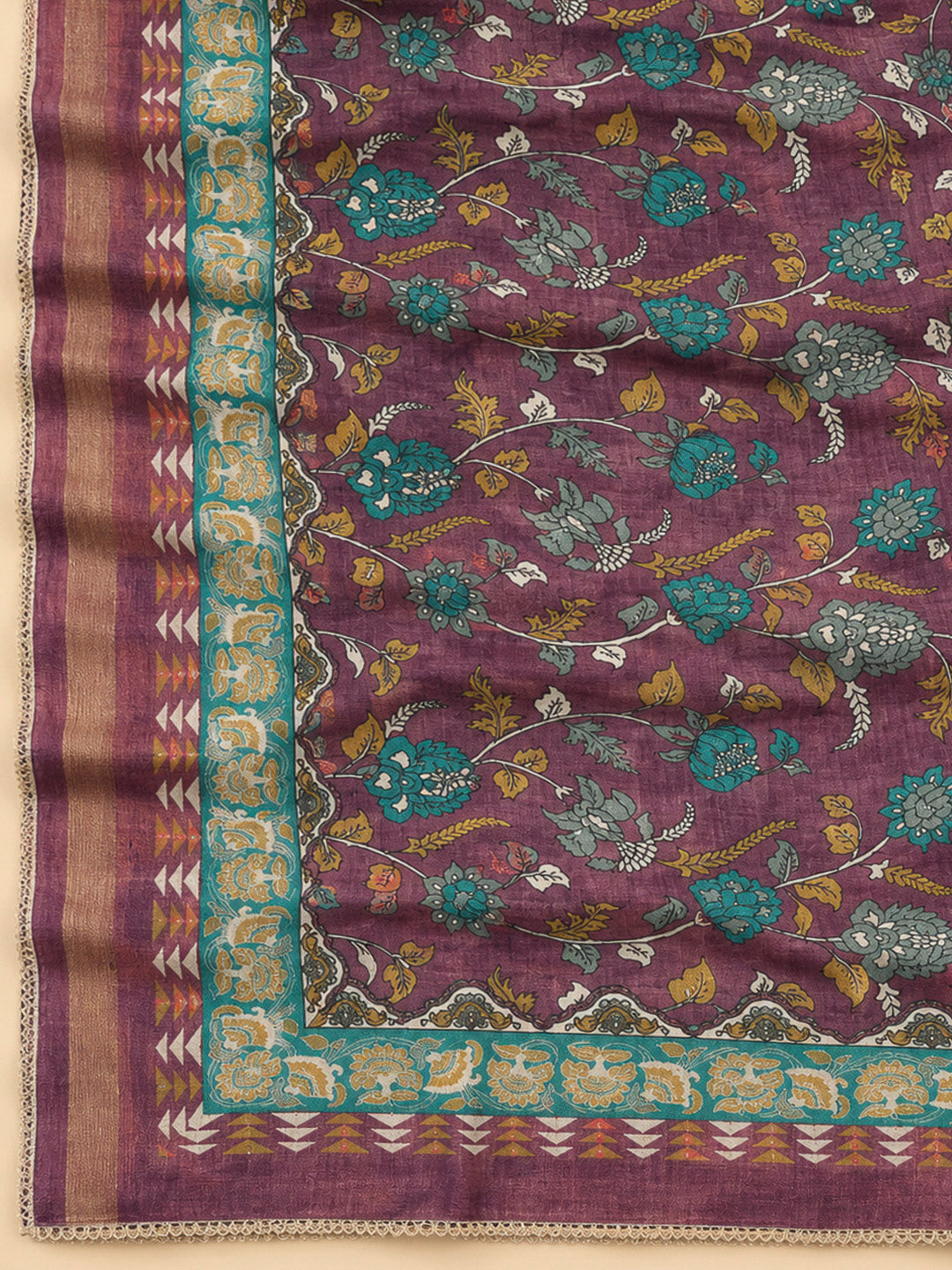 Purple Tussar Embroidered Unstitched Dress Material