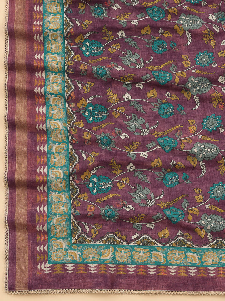 Purple Tussar Embroidered Unstitched Dress Material